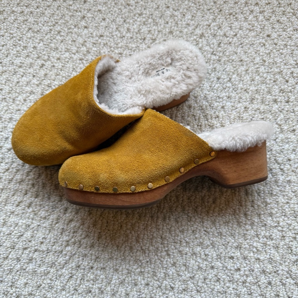 rag & bone Mustard Suede Shearling-Lined Clogs
